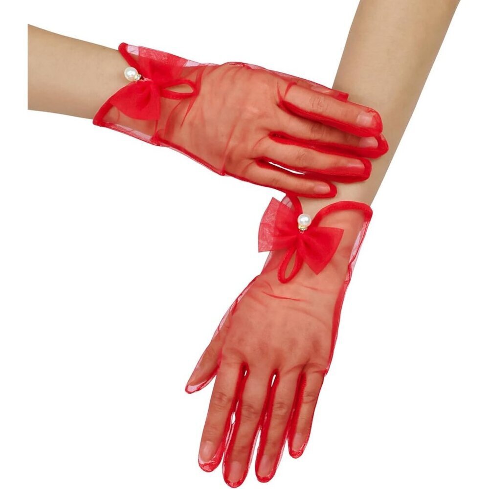 Women's Dark Red Bow Tulle Pearls Mesh Tea Short Gloves Party Prom Accessories